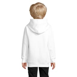 A white hoodie with a hood, displayed on a child from the back, featuring a simple design.