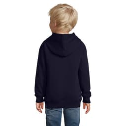 A children's hoodie in navy blue, featuring a hood, photographed from the back.