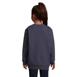 A children's sweatshirt in dark grey, featuring a simple design and a crew neckline. Includes a logo on the back.