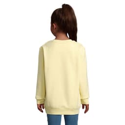 A yellow sweatshirt for kids, featuring a relaxed fit and long sleeves, shown from the back.