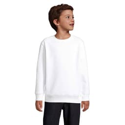 A white sweatshirt for kids is displayed, featuring a simple design and long sleeves. It includes a branding logo.