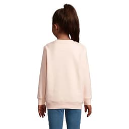 A pink sweatshirt for kids, featuring a simple design and long sleeves, viewed from the back.