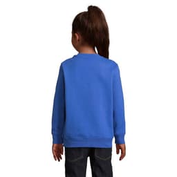 A blue sweatshirt for kids displayed from the back, featuring a simple design and no visible logos.