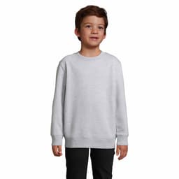 A sweatshirt in light grey worn by a child, featuring a simple design and a round neck. It has a branding logo.