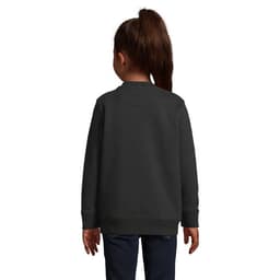A dark grey sweatshirt is displayed from the back, featuring long sleeves and a crew neck design.
