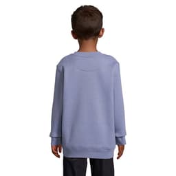 A blue sweatshirt for kids is displayed, featuring long sleeves and a relaxed fit. The back view is shown.
