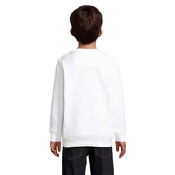 A white sweatshirt with long sleeves, viewed from the back, featuring a crew neck and casual fit.