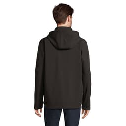 A black hooded jacket viewed from the back, featuring a hood and long sleeves. It has a branding logo.