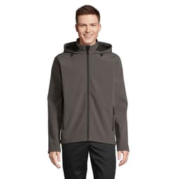 A man wearing a grey hooded jacket, smiling and standing in a neutral pose. The jacket has a zipper and a hood.