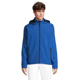 A blue hooded jacket with a zip front and side pockets, modelled by a young man. It features a logo on the chest.
