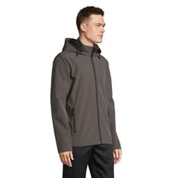 A grey hooded jacket with zippered front and pockets, featuring a model standing with hands at sides.