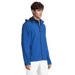 A blue hooded jacket displayed on a model, featuring a zip front and two side pockets. It has a logo on it.