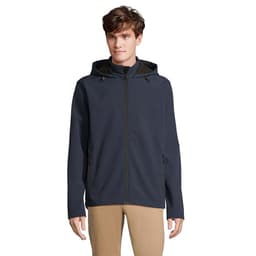 A navy hooded jacket with a zip front and pockets, worn by a model against a white background.