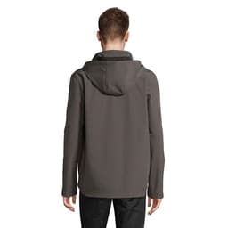 A hooded men's jacket in grey, viewed from the back, featuring a logo on the fabric.