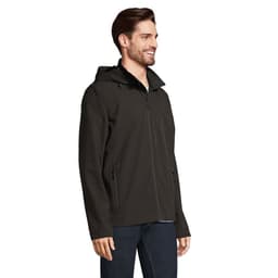 A dark grey hooded jacket with a zip closure, featuring pockets and worn by a smiling male model.