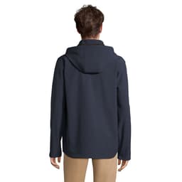 A navy hooded jacket with a back view featuring a relaxed fit and a hood. The design has a simple, clean style.