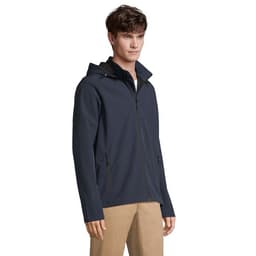 A navy hooded jacket for men features a zip-up front and side pockets, showcasing a sleek design.