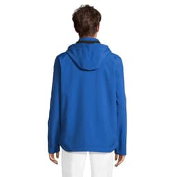 A blue hooded jacket with a relaxed fit and a hood, featuring a logo on the back.