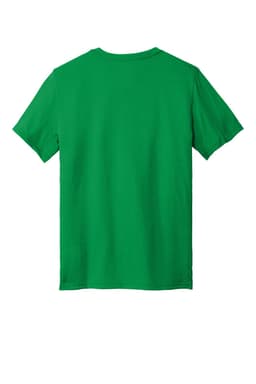 A green T-shirt with short sleeves and a plain back, featuring a logo on the front.