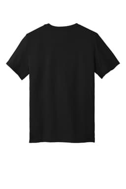 A black T-shirt with short sleeves featuring a logo on the back.