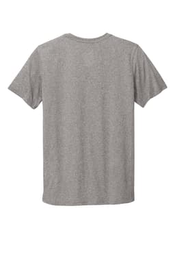 A grey T-shirt with short sleeves and a plain back, featuring a logo.