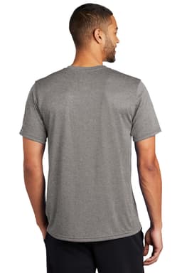 A grey T-shirt with short sleeves, featuring a branding logo, shown from the back.