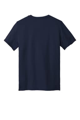 A navy blue t-shirt featuring a plain back and short sleeves. It has a logo on the upper back.