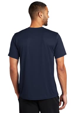 A navy blue T-shirt with short sleeves, featuring a logo on the back.