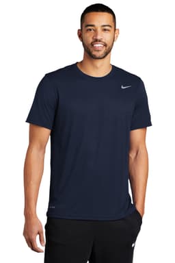 A navy Nike Team rLegend Tee, short-sleeved, featuring a logo and a relaxed fit, paired with black shorts.