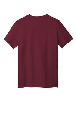 A burgundy T-shirt with short sleeves, featuring a simple back design and a logo.