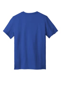 A blue t-shirt, featuring short sleeves and a round neckline, displayed from the back with a logo.