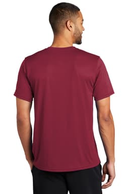 A maroon t-shirt featuring a branding logo on the back, displayed on a mannequin from the rear view.