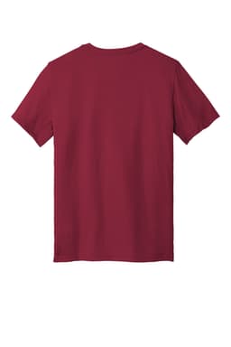 A maroon T-shirt with short sleeves, featuring a plain back and a logo on the front.