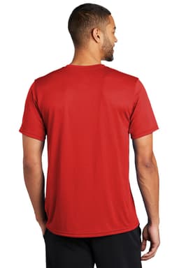A red short-sleeved T-shirt with a crew neck and a back view, featuring a logo on the upper back.