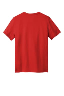 A red T-shirt with a simple design, featuring short sleeves and a plain back. Includes a logo.