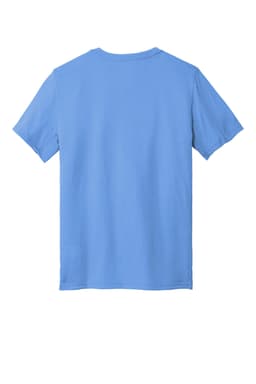 A light blue T-shirt with short sleeves and a plain back, featuring a logo on the front.