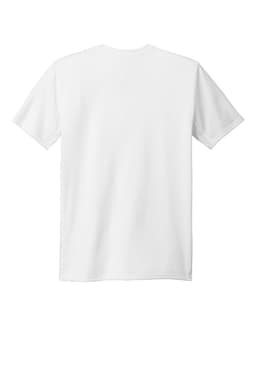 A plain white T-shirt with short sleeves and a standard crew neckline, featuring a logo.