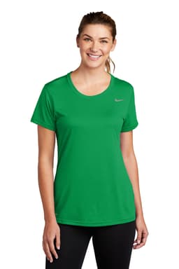A green women's t-shirt with short sleeves, featuring a logo on the chest.