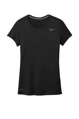 A black Nike ladies' t-shirt with short sleeves and a branded logo on the front.