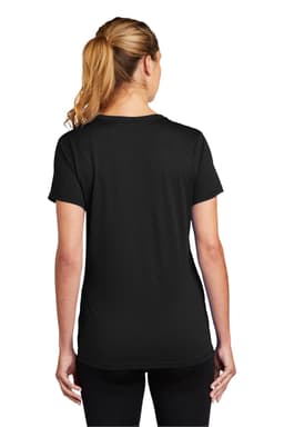 A black ladies' T-shirt with short sleeves, featuring a logo on the back.