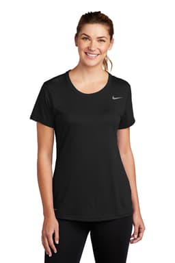 A black Nike ladies' T-shirt featuring a round neck, short sleeves, and a branded logo.