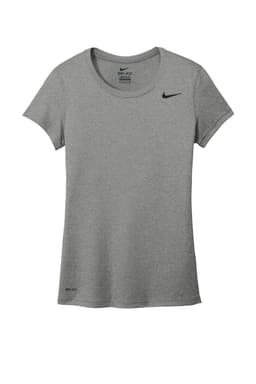 A grey Nike ladies T-shirt with a fitted design and short sleeves, featuring a logo on the chest.
