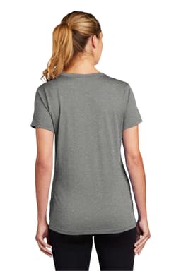 A grey ladies' t-shirt with a fitted design, featuring short sleeves and a round neckline, with a visible logo.