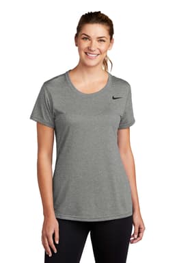 A grey Nike ladies' t-shirt with a round neck and short sleeves, featuring a logo.