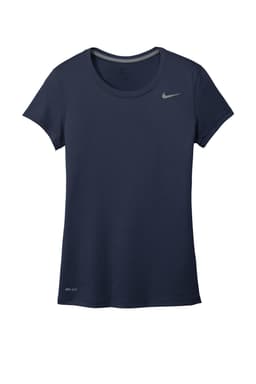 A navy blue women's T-shirt with a round neckline and short sleeves, featuring a logo on the chest.