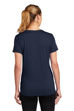 A navy blue women's t-shirt with a short sleeve and a fitted design, featuring a logo on the back.
