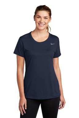 A navy blue Nike ladies' t-shirt with short sleeves and a logo on the chest.