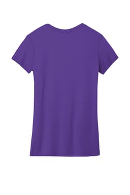 A purple women's t-shirt with short sleeves and a plain back. It features a logo.