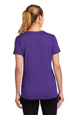 A purple women's t-shirt featuring short sleeves and a fitted silhouette, with a logo on the back.