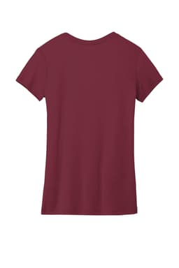 A maroon ladies' T-shirt with a crew neck and short sleeves, featuring a logo on the back.